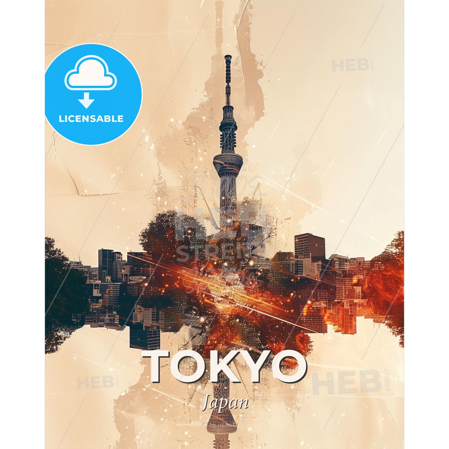 Tokyo Skyline: Double Exposure Art Deco Composite - A city with fire and explosion - Square format print template