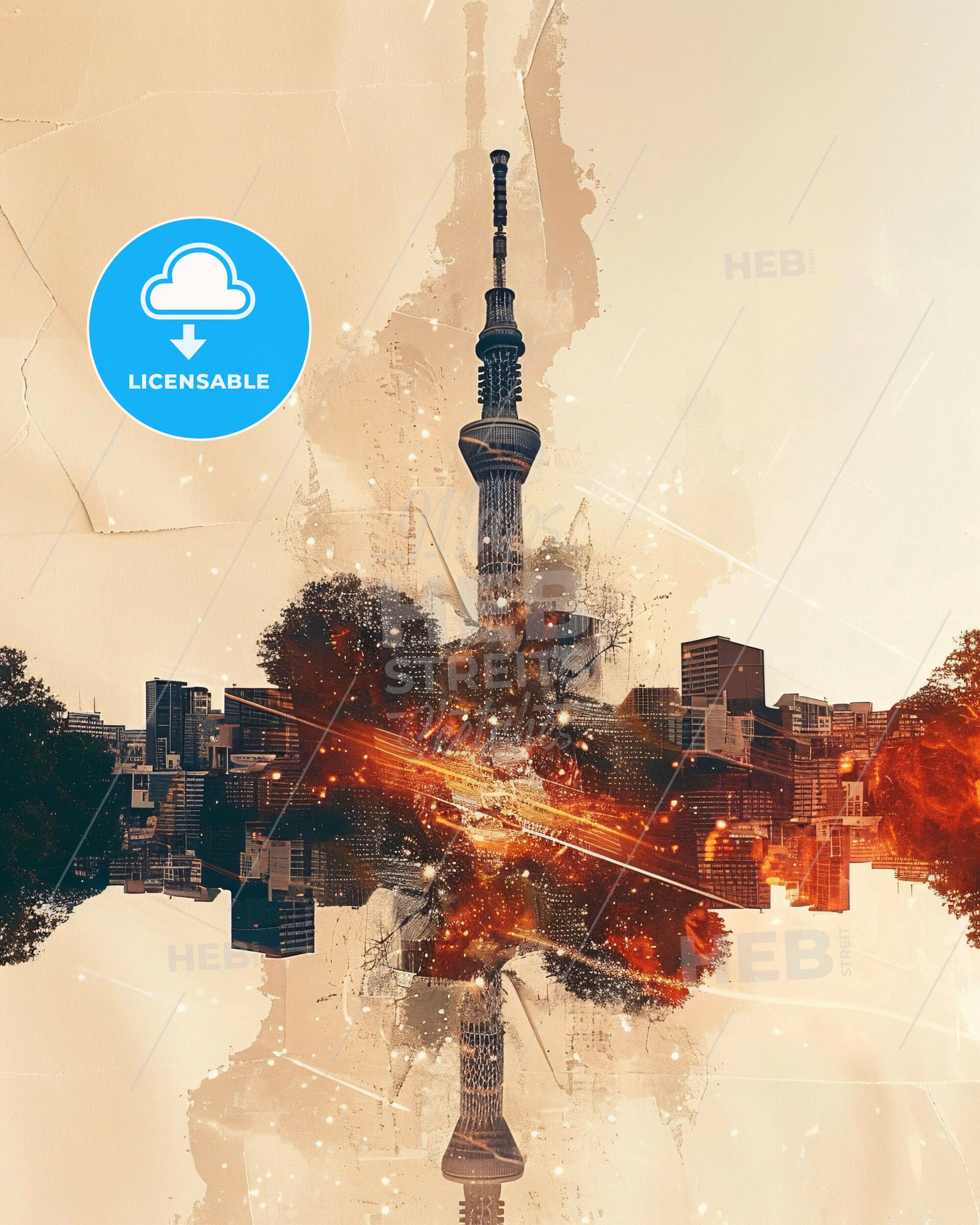Tokyo Skyline: Double Exposure Art Deco Composite - A city with fire and explosion