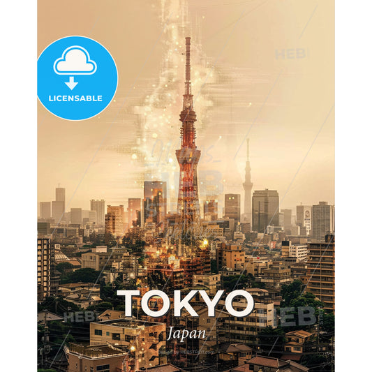 Tokyo City Lights | Art Poster | Subtile Shine - A city with a tall tower - Square format print template