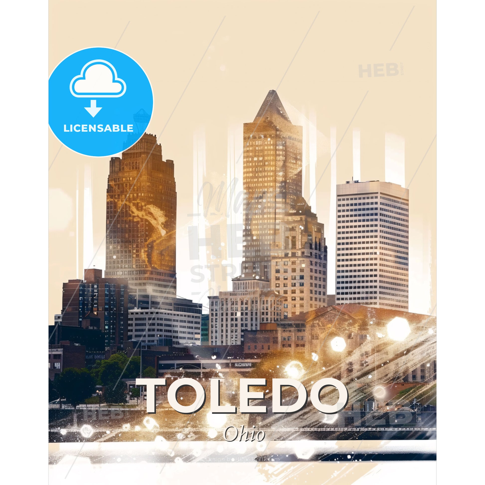 Toledo Cityscape Composite Art Skyline Poster - A city skyline with many tall buildings - Square format print template