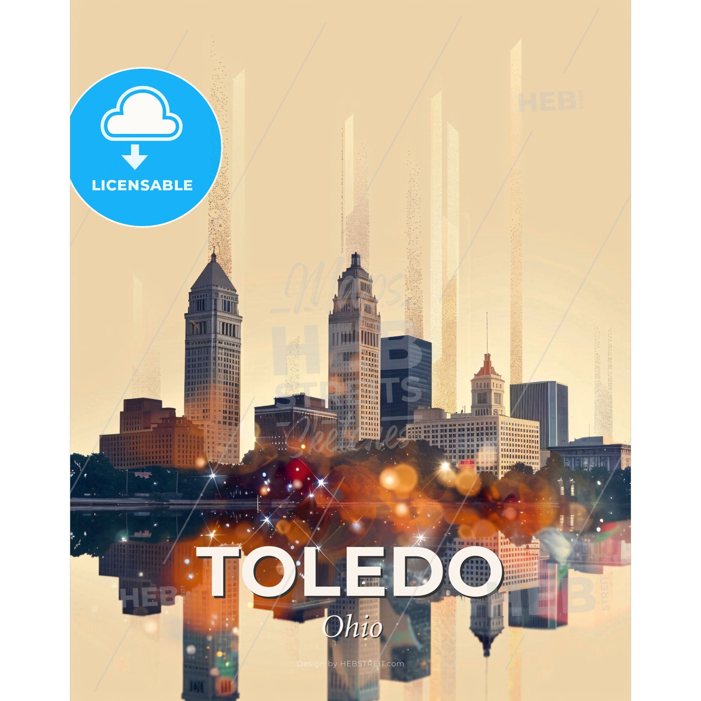 Toledo Skyline Art: Sparkles and Backlights - A city skyline with many tall buildings reflecting in water - Square format print template