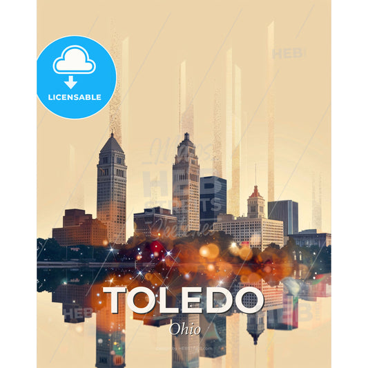 Toledo Skyline Art: Sparkles and Backlights - A city skyline with many tall buildings reflecting in water - Square format print template