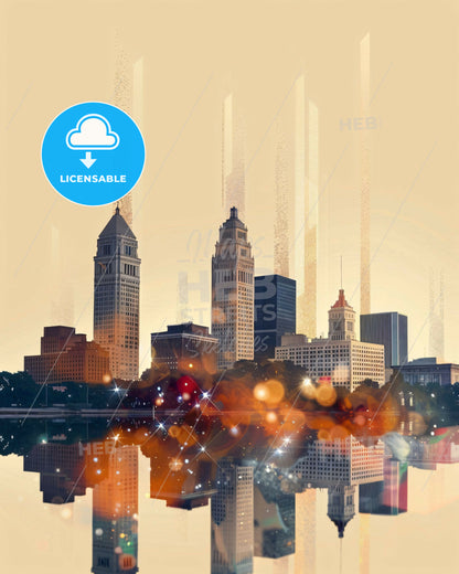 Toledo Skyline Art: Sparkles and Backlights - A city skyline with many tall buildings reflecting in water