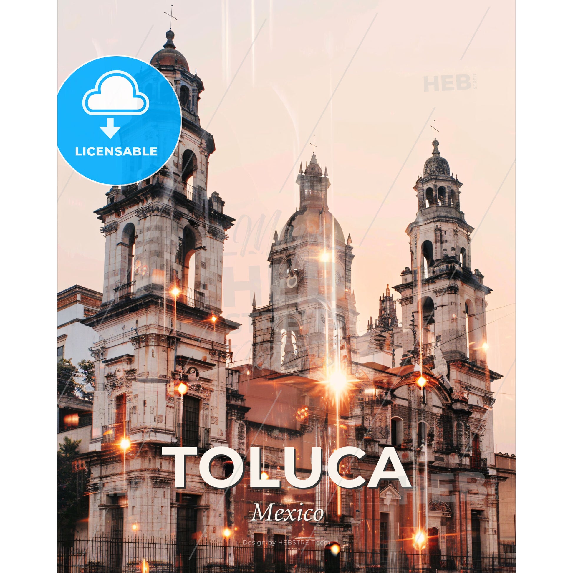 Toluca Skyline Composite Art with Local Icons - A building with towers and lights - Square format print template
