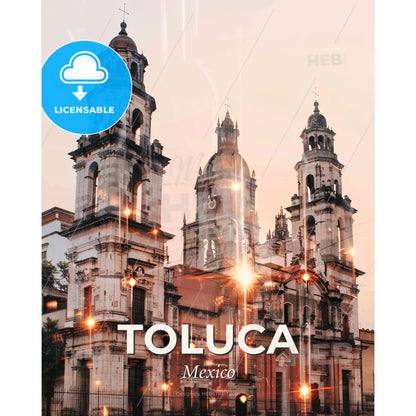 Toluca Skyline Composite Art with Local Icons - A building with towers and lights - Square format print template