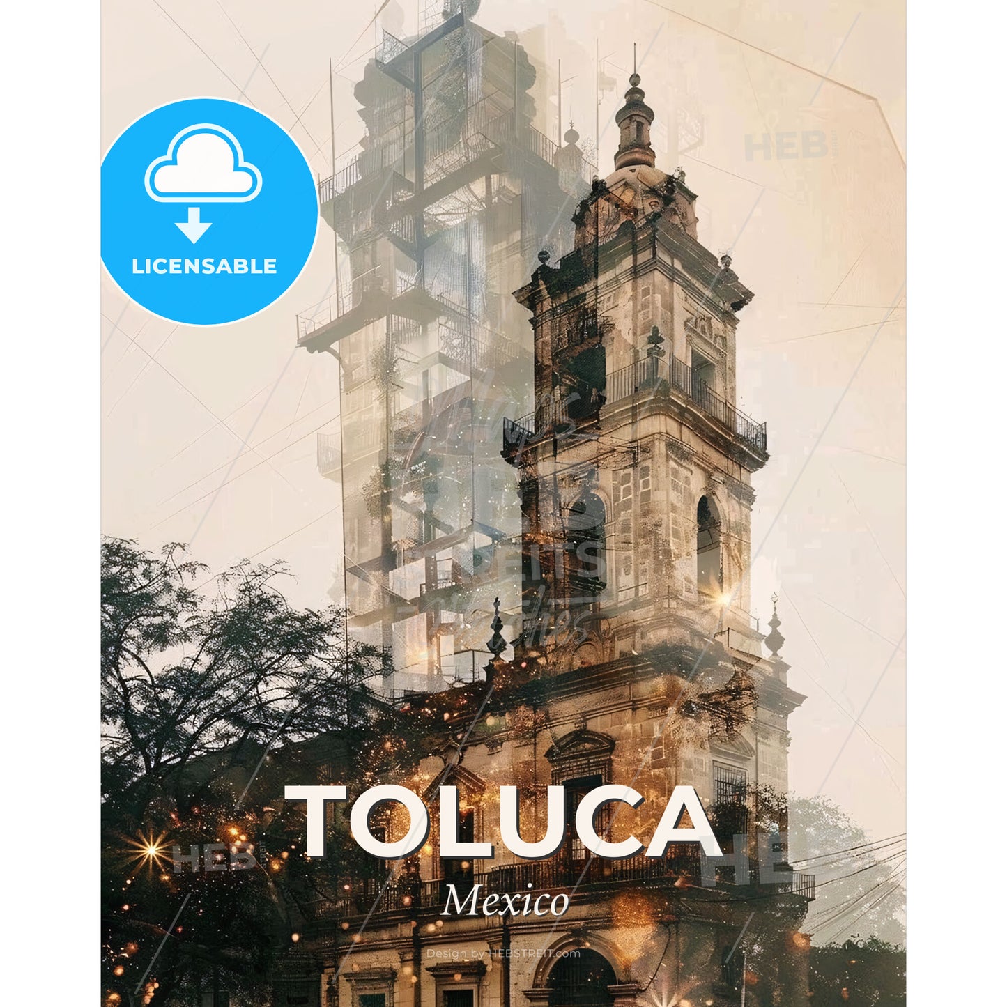Toluca City Icons Skyline Bright Beige Poster - A building with a tower - Square format print template