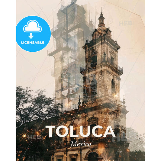 Toluca City Icons Skyline Bright Beige Poster - A building with a tower - Square format print template