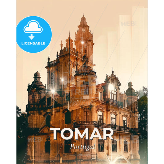 Tomar, Portugal: Art Deco Skyline Glamour - A building with a tower and trees - Square format print template