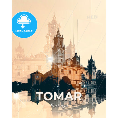 Tomar Skyline Art: Double Exposure Cityscape - A building with towers and a reflection of the sun - Square format print template