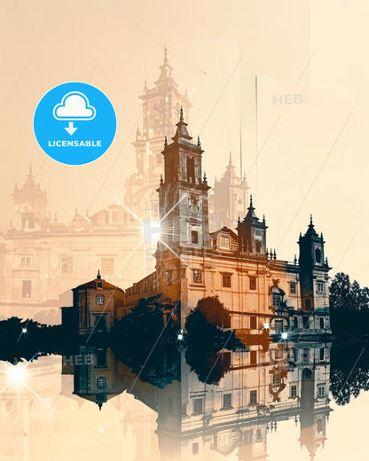 Tomar Skyline Art: Double Exposure Cityscape - A building with towers and a reflection of the sun