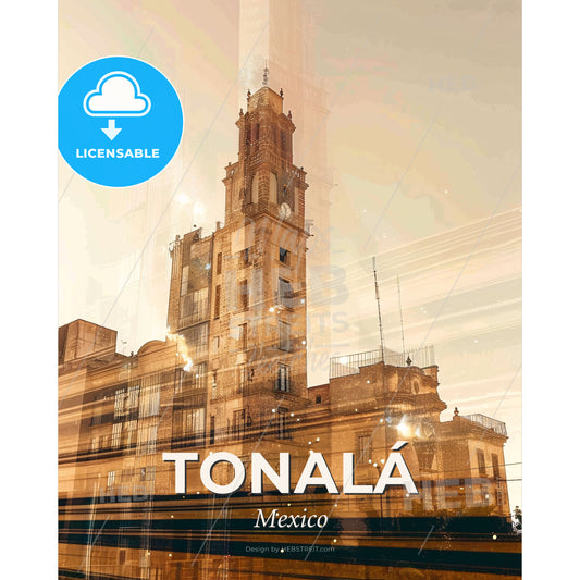 Tonalá Enchanting Night Cityscape - A building with a clock tower - Square format print template
