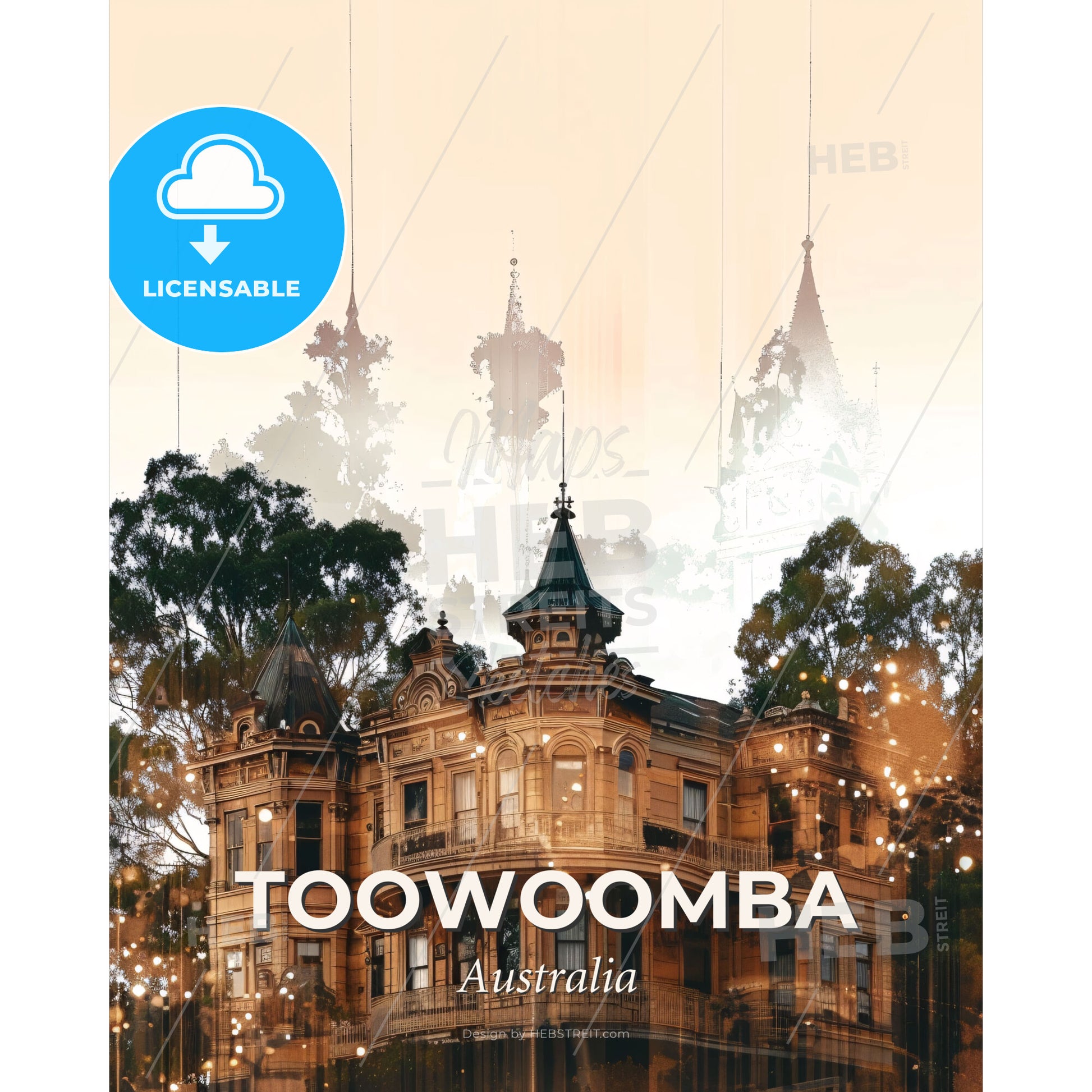 Toowoomba Skyline Double Exposure Poster Art - A building with trees in the background - Square format print template