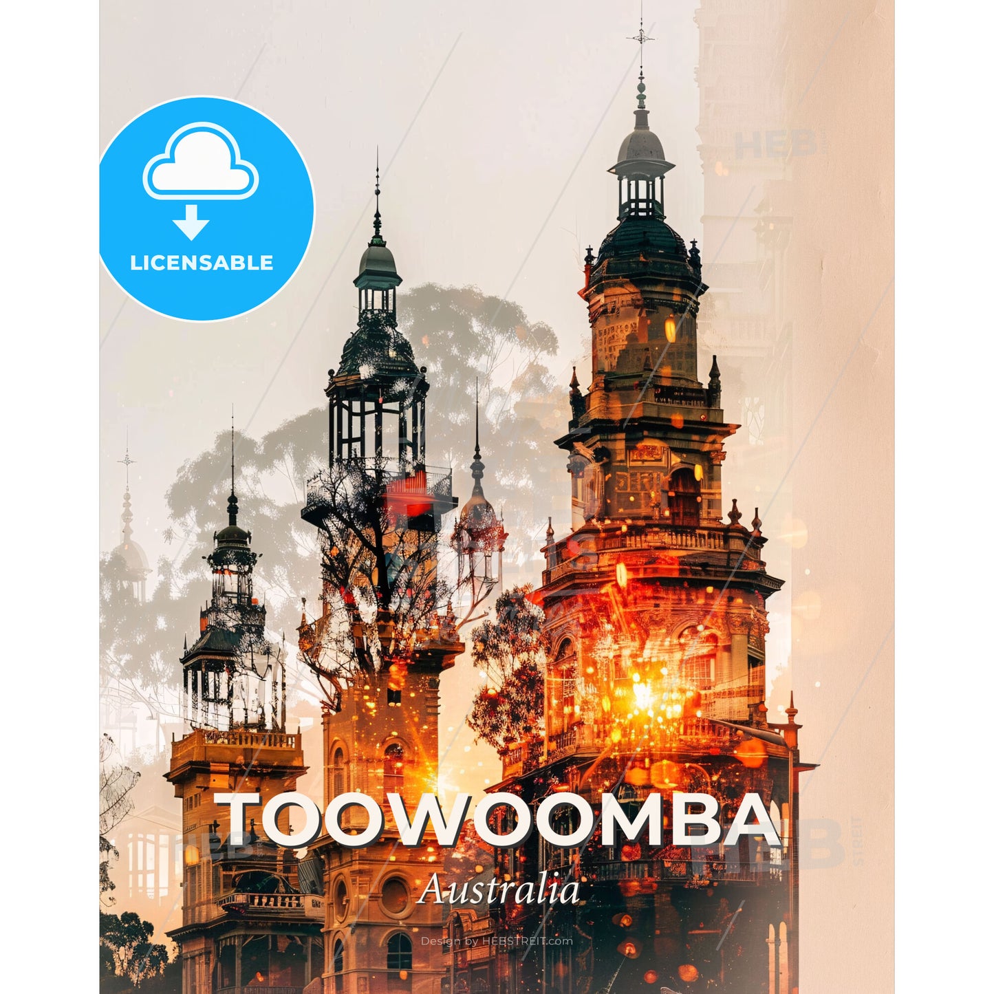 Toowoomba Skyline Composite Art Brights - A building with towers and trees - Square format print template