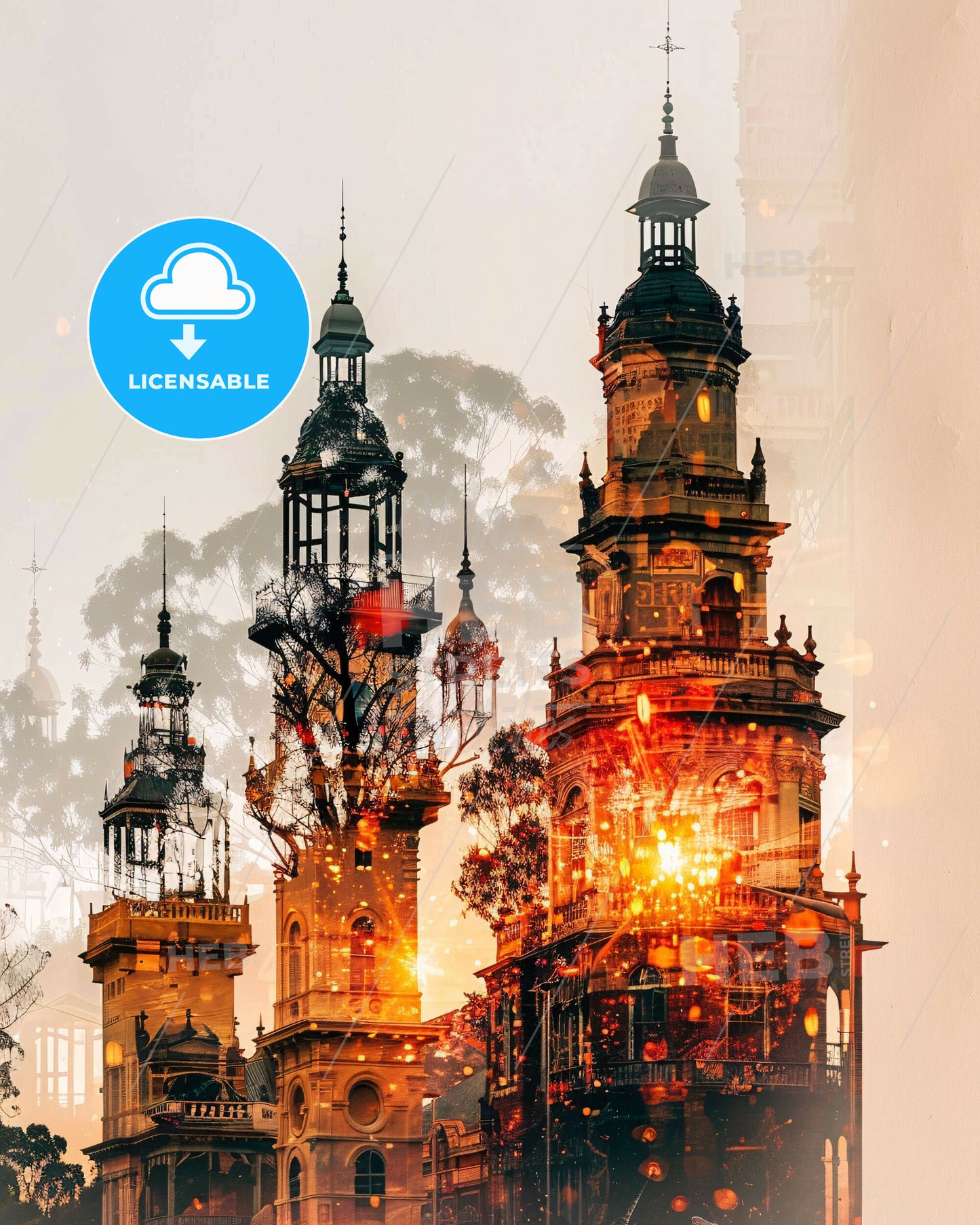 Toowoomba Skyline Composite Art Brights - A building with towers and trees