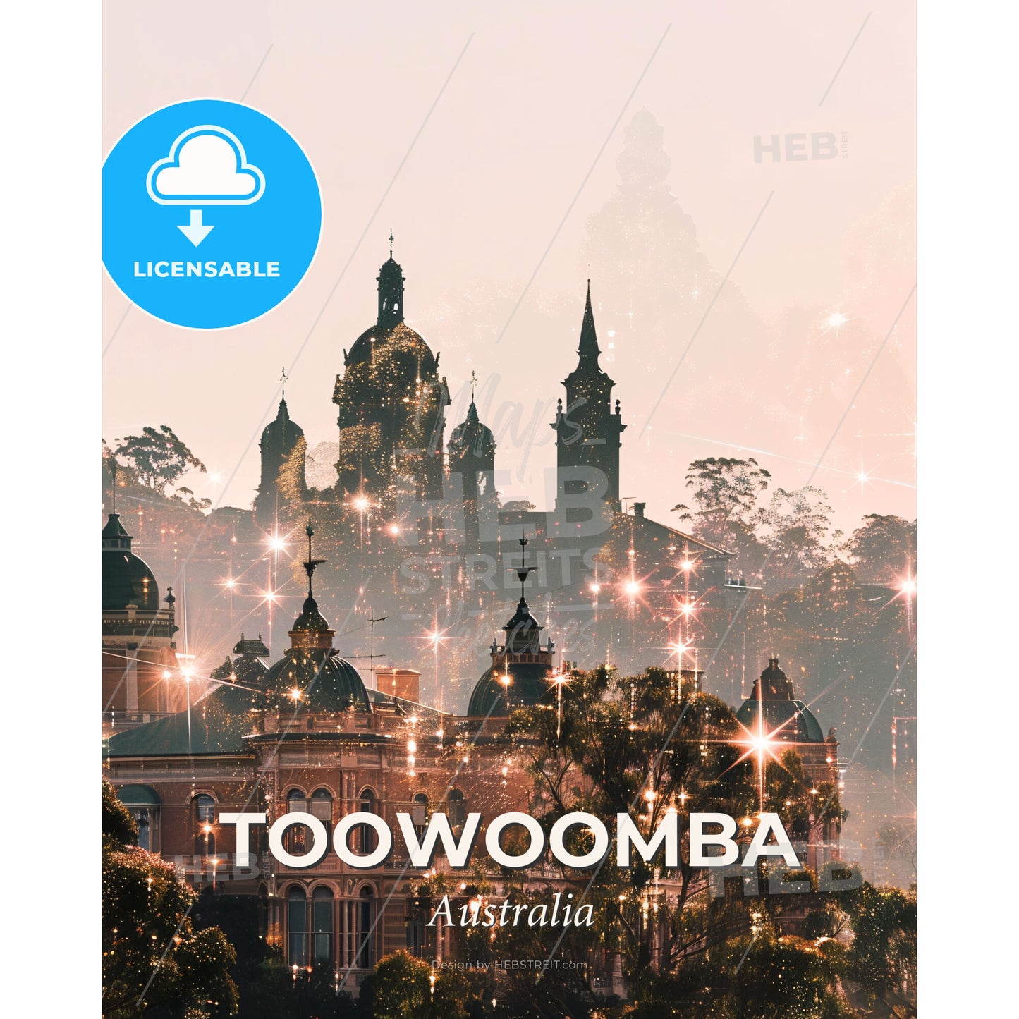 Toowoomba Skyline Poster: City Icons with Sparkle - A building with many spires and trees - Square format print template