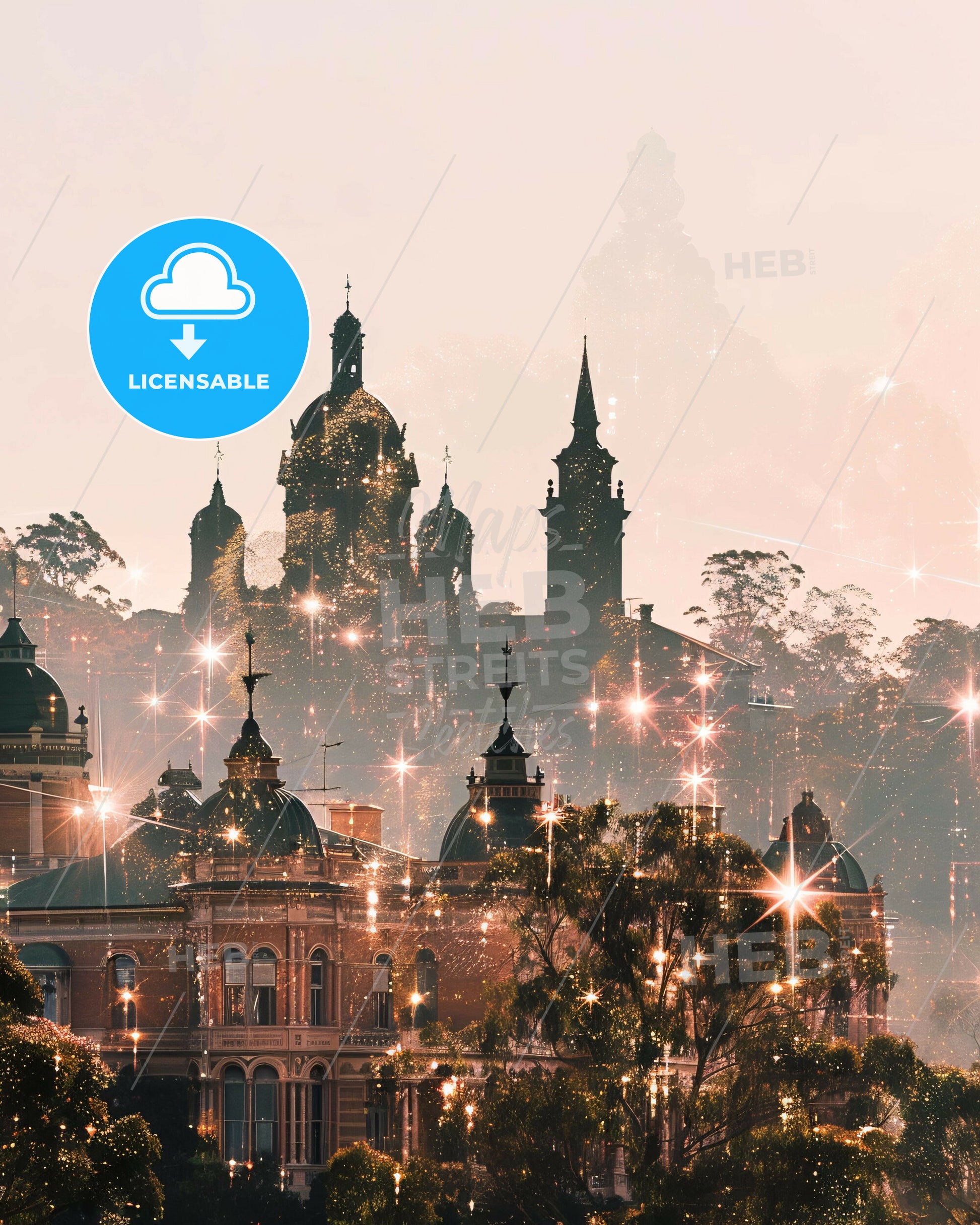 Toowoomba Skyline Poster: City Icons with Sparkle - A building with many spires and trees