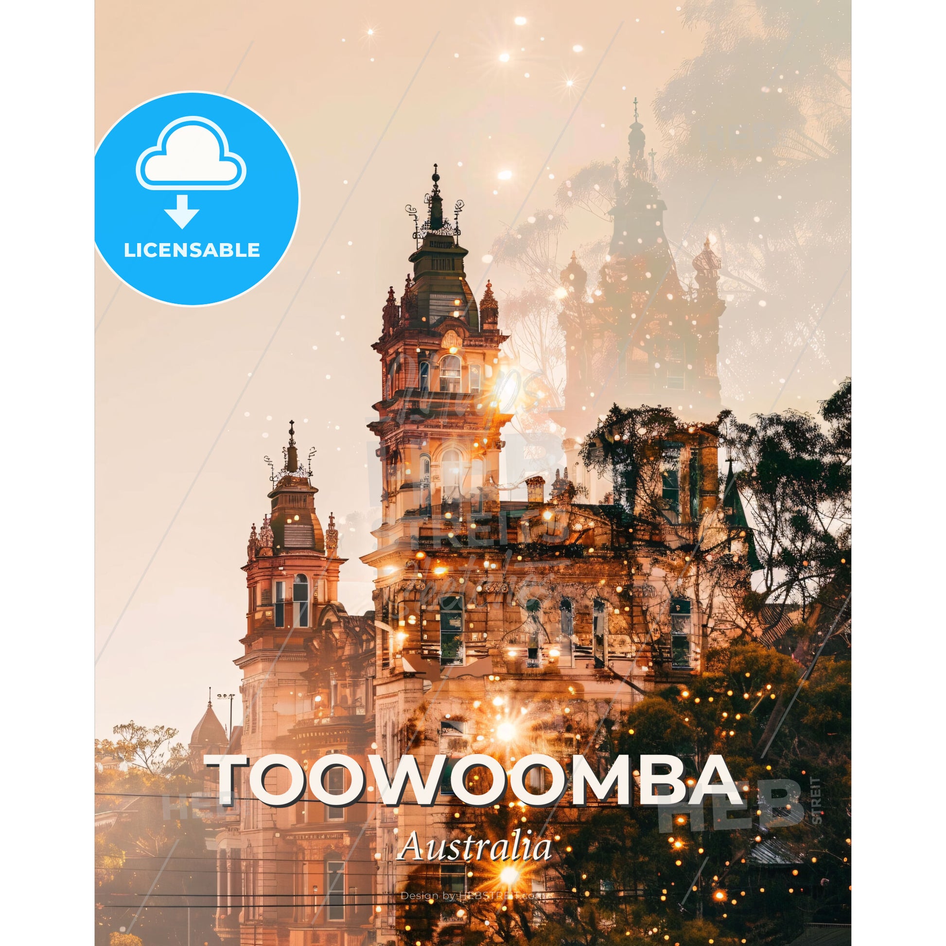 Toowoomba Architecture Skyline Night Dream - A building with many towers and trees - Square format print template