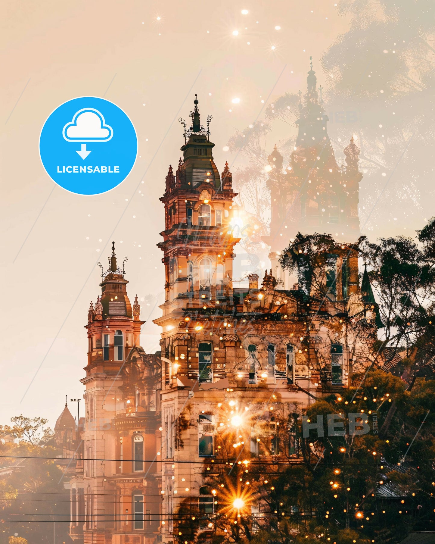 Toowoomba Architecture Skyline Night Dream - A building with many towers and trees