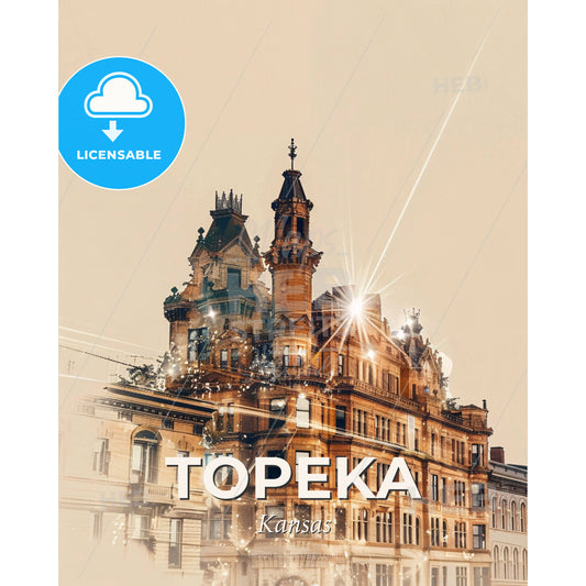 Topeka Skyline Dreamy Lights City Poster - A building with a tower and a light shining on it - Square format print template