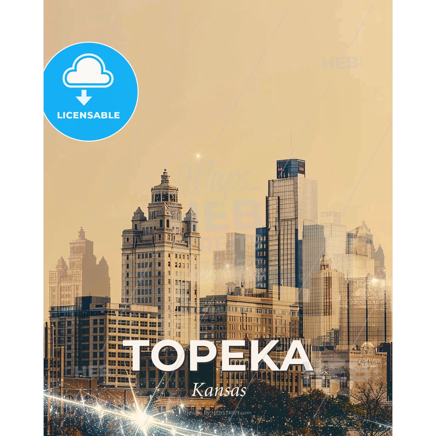 Topeka's Skyline Icons as a Bright Beige Composite - A city skyline with many tall buildings - Square format print template