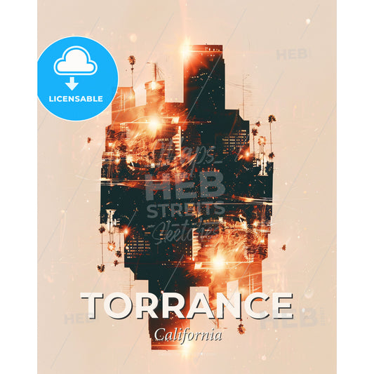 Torrance Skyline: Double Exposure Cityscape with Local Flair - A city with fireworks - Square format print template