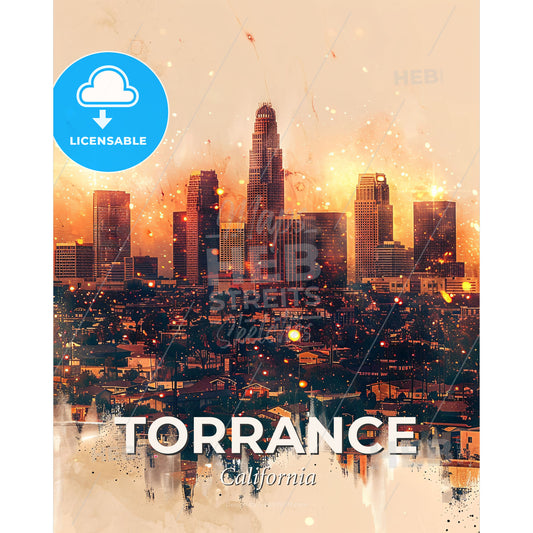 Torrance City Skyline Sparkles Poster - A city skyline with many tall buildings - Square format print template