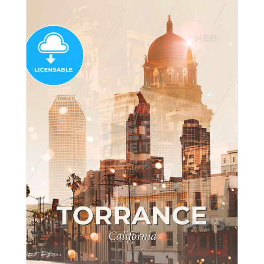 Torrance Cityscape Poster: Double Exposure, Sparkle and Shine - A city with a tall building - Square format print template