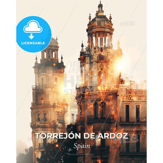 Torrejón de Ardoz Skyline Art with Sparkles - A building with a tower and a firework - Square format print template
