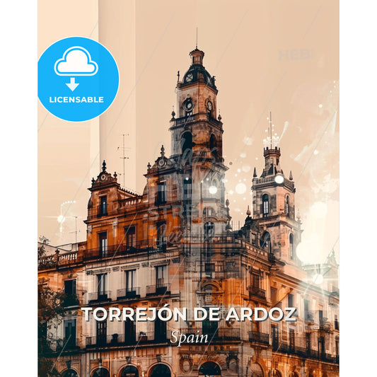 Torrejón de Ardoz, City Lightscapes, Skylines, Art Posters - A building with a clock tower - Square format print template