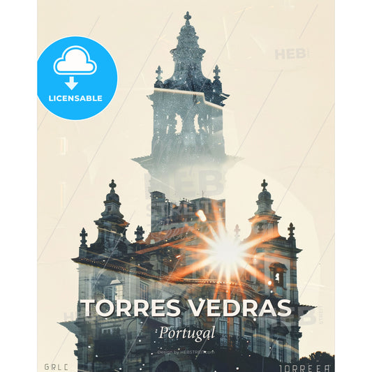 Torres Vedras: Iconic Architecture Skyline Composite Art - A building with a tower and a sun - Square format print template
