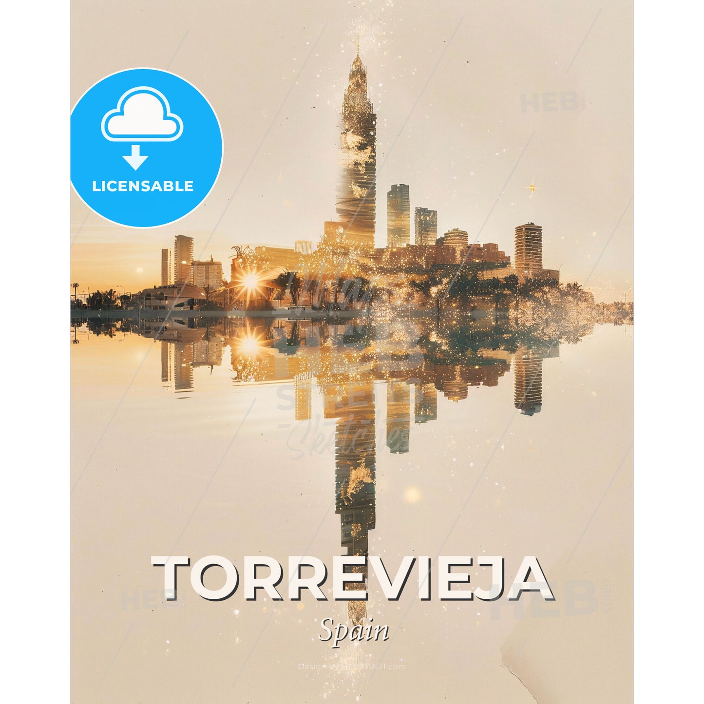 Torrevieja Skyline Wonders in Double Exposure Magic - A city skyline reflected in water - Square format print template