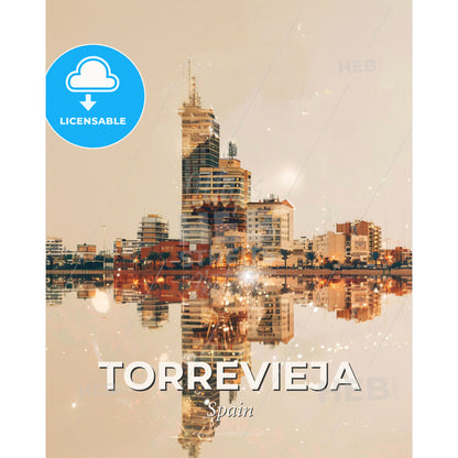 Torrevieja Dreamy Sparkles Cityscape Poster - A city skyline reflected in water - Square format print template
