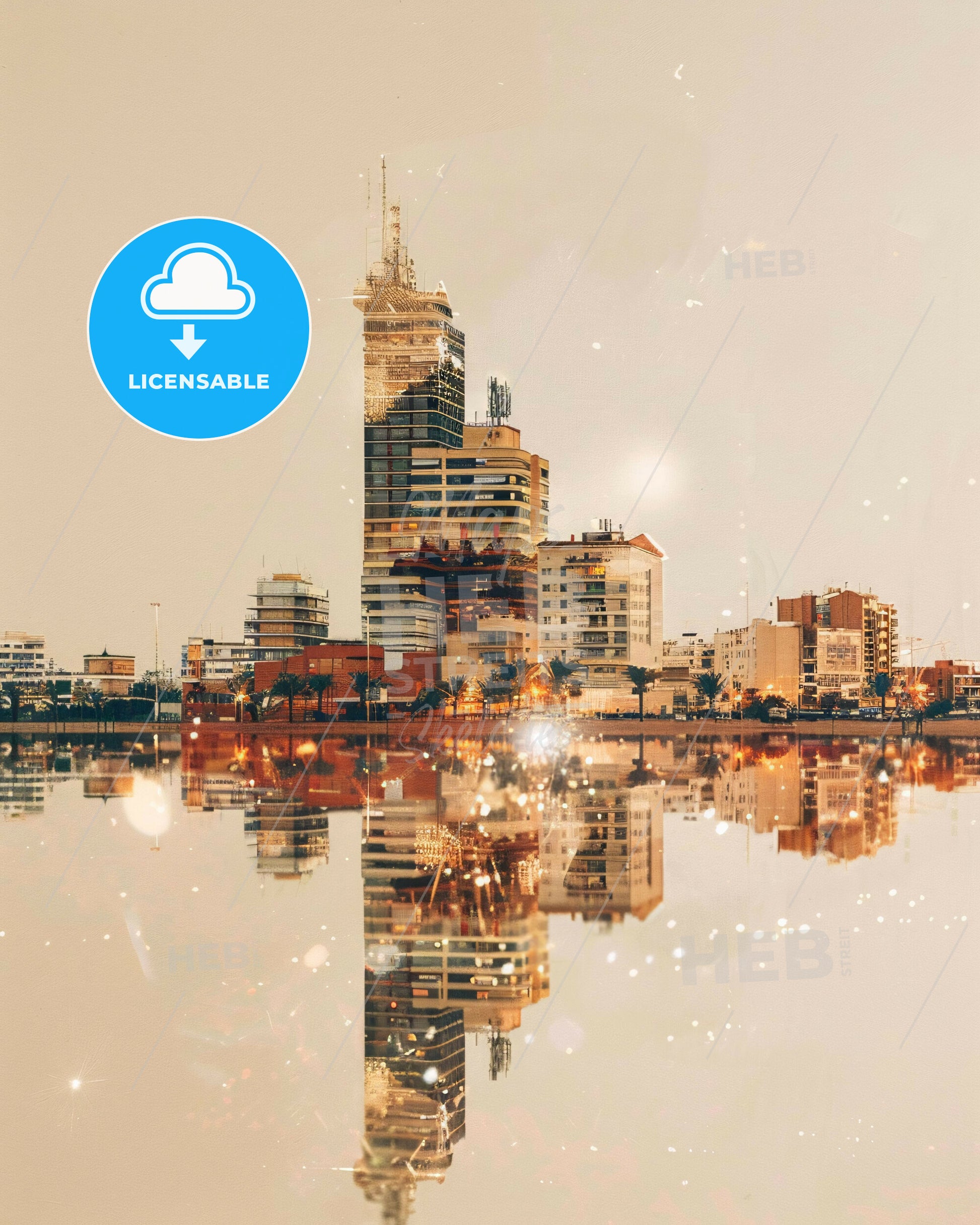 Torrevieja Dreamy Sparkles Cityscape Poster - A city skyline reflected in water