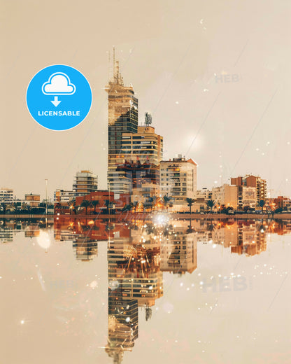 Torrevieja Dreamy Sparkles Cityscape Poster - A city skyline reflected in water