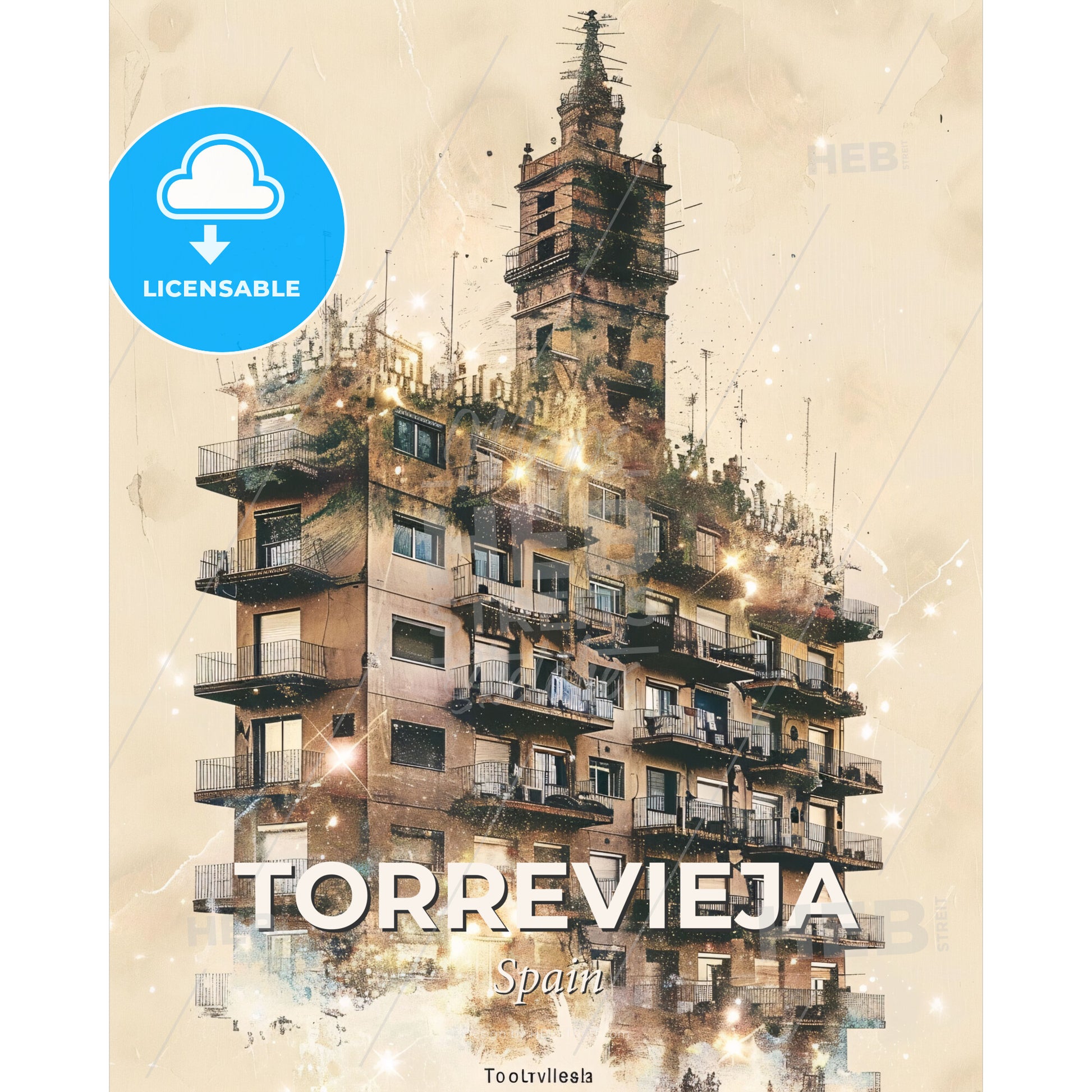 Torrevieja Cityscape Double Exposure Art Brights - A building with many balconies - Square format print template
