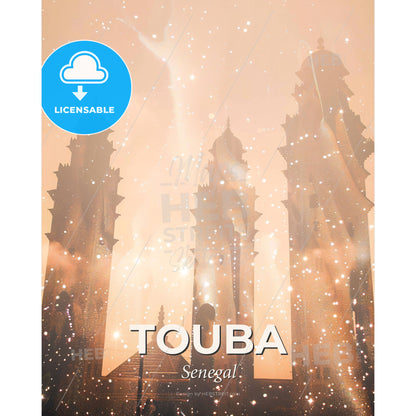 Touba City Skyline Double Exposure Poster Art - A group of tall towers with pointed spires and a roof with Salt Lake Temple in the background - Square format print template