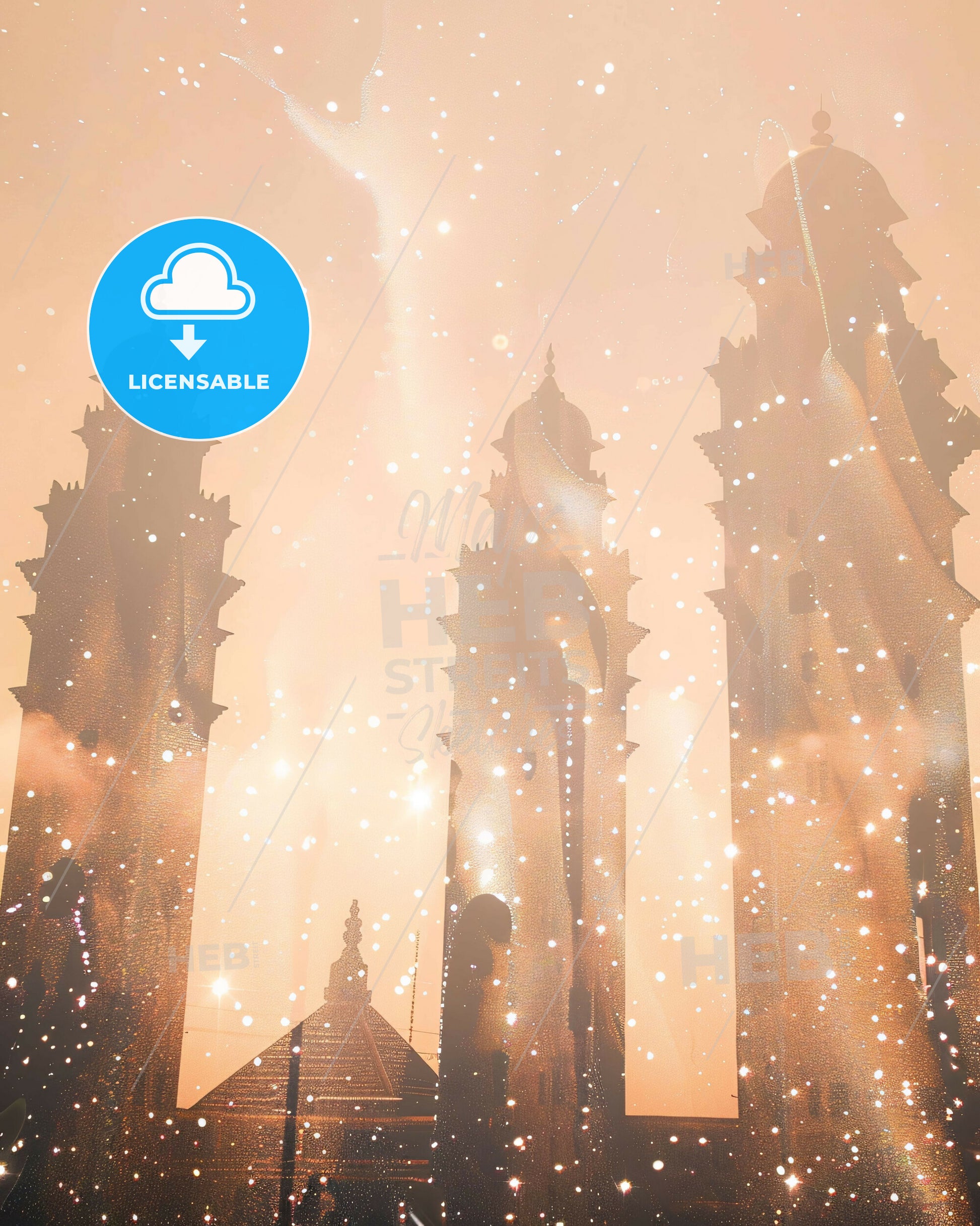 Touba City Skyline Double Exposure Poster Art - A group of tall towers with pointed spires and a roof with Salt Lake Temple in the background