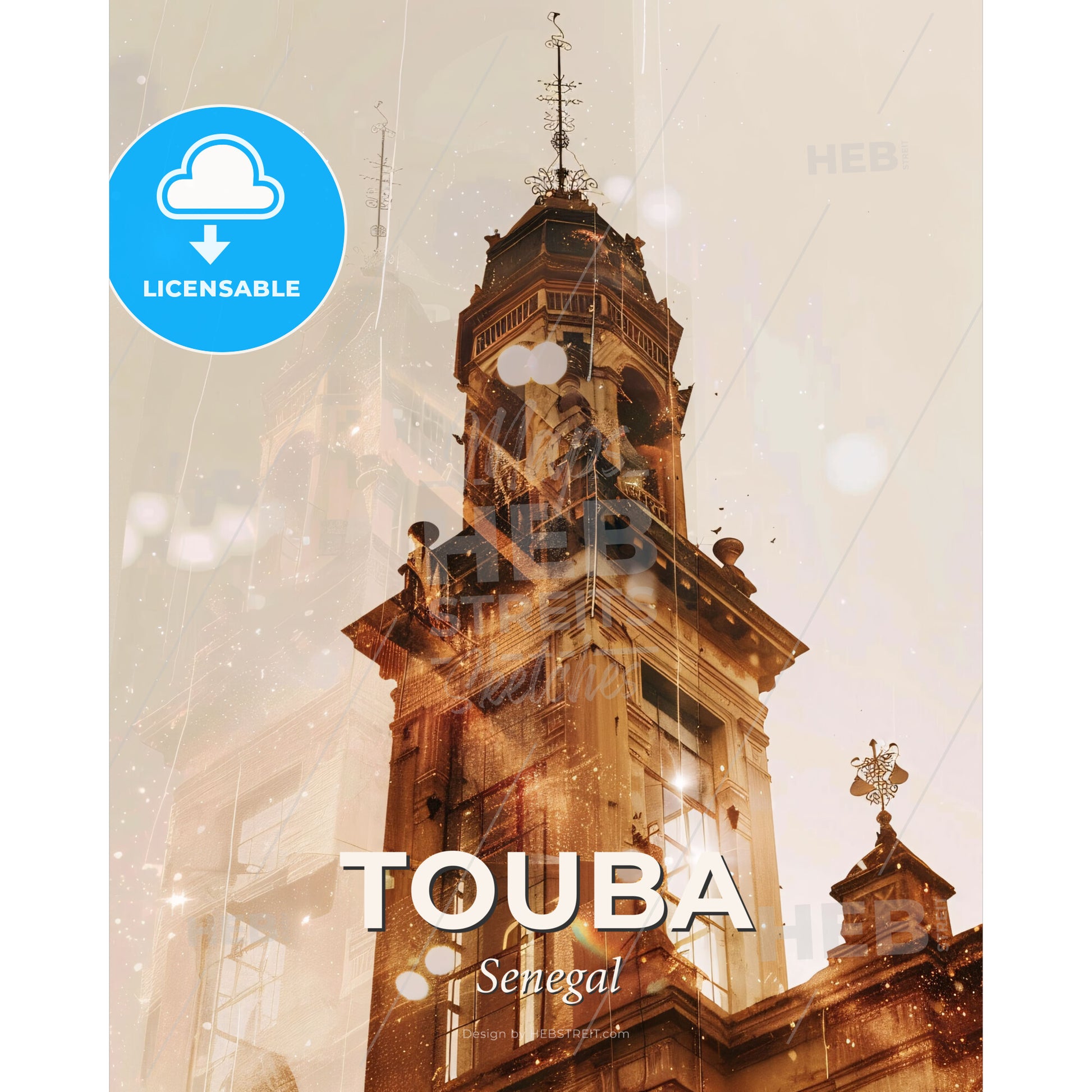 Touba Senegal Composite Architecture Poster Design - A tall building with a tower - Square format print template