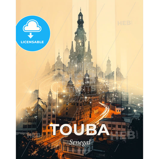 Touba Skyline Composite Art with Sparkling Icons - A city with a tall tower and a road - Square format print template