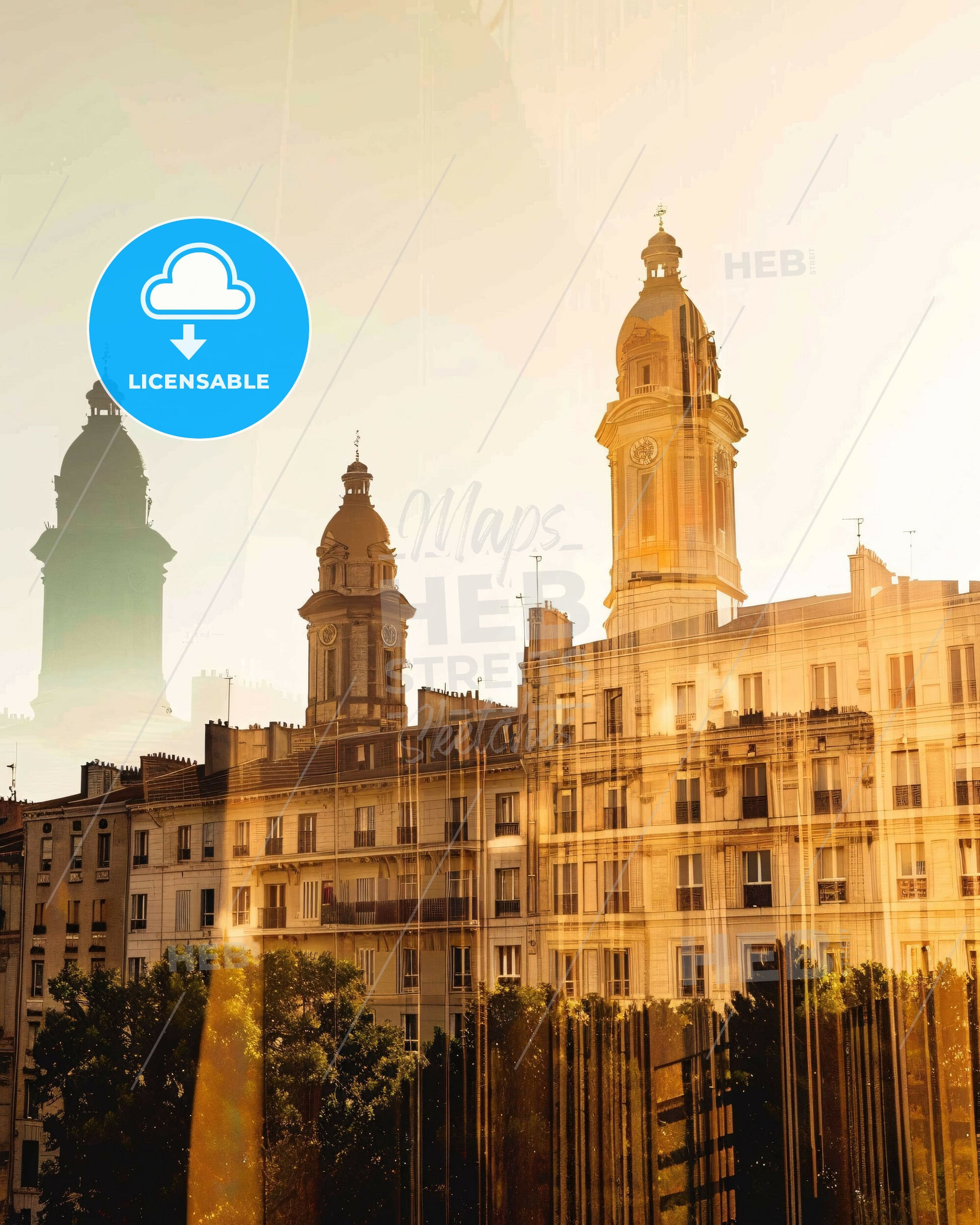 Toulon Skyline Double Exposure Composite Art - A building with a clock tower