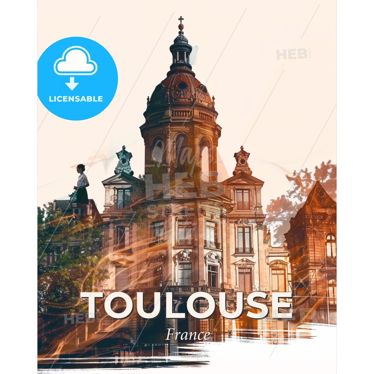 Toulouse Cityscape Art: French Skyline Silhouette - A building with a dome roof and a person standing on top - Square format print template