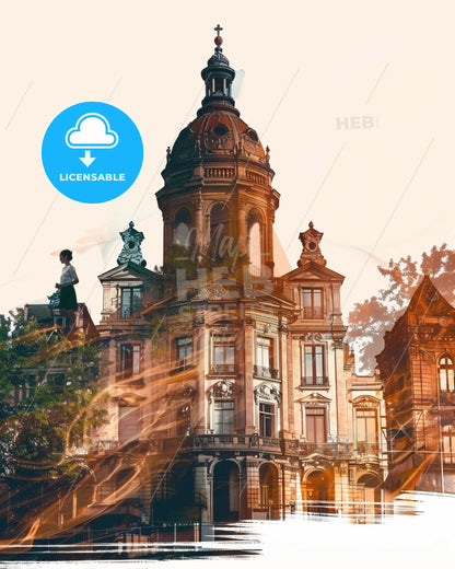 Toulouse Cityscape Art: French Skyline Silhouette - A building with a dome roof and a person standing on top