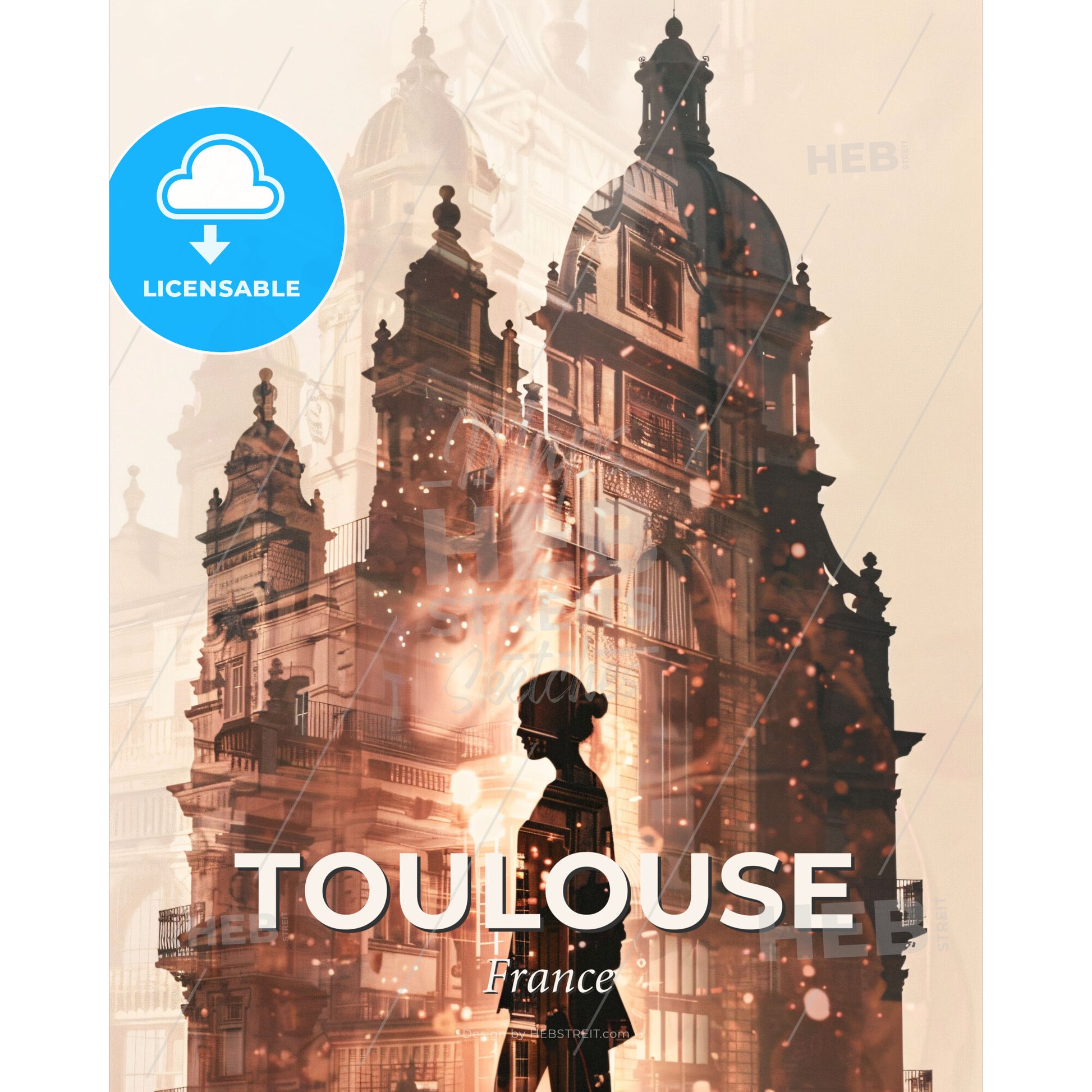 Toulouse Art Deco Skyline Poster - A woman standing in front of a building - Square format print template