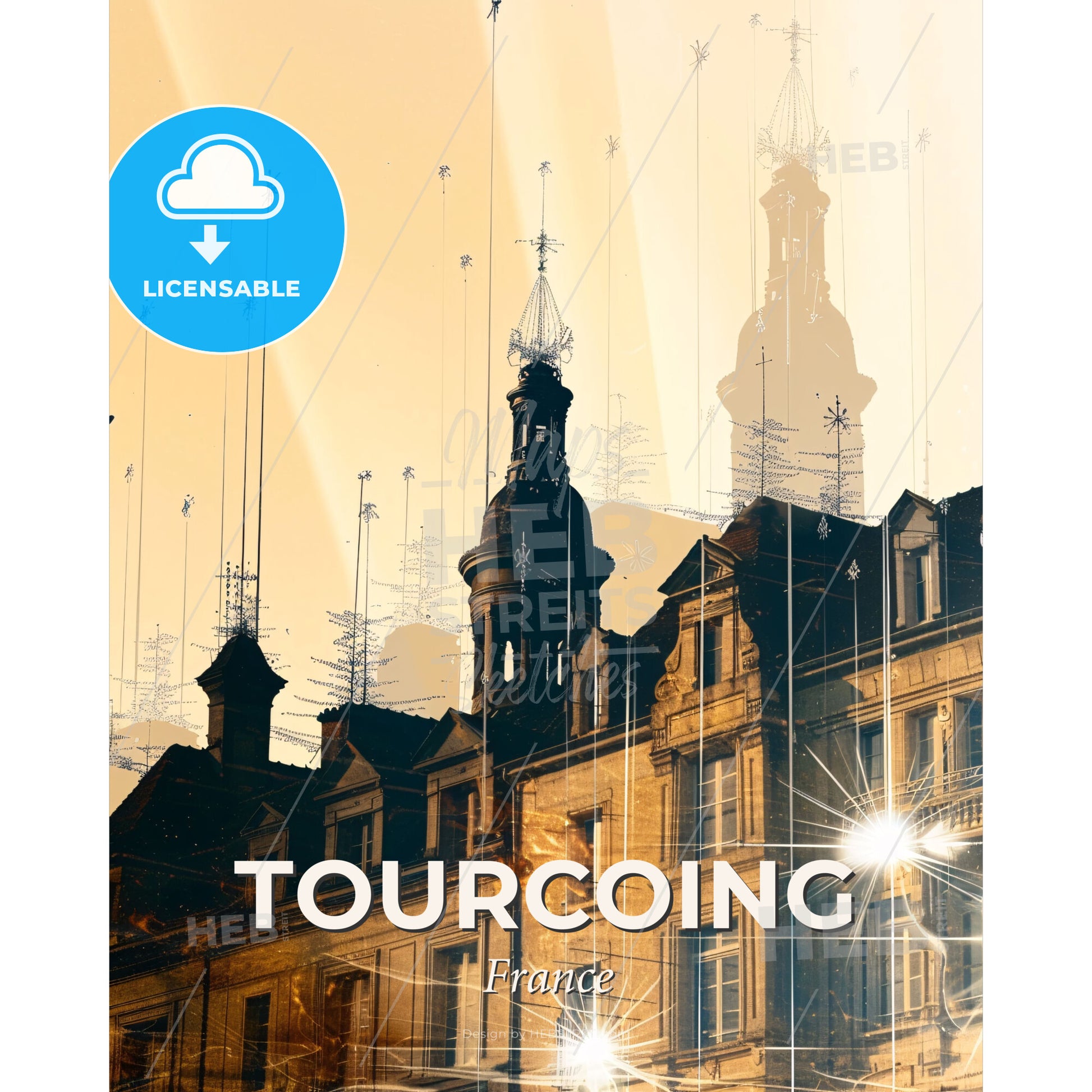 Tourcoing: Double Exposure Skyline Composite Art - A building with towers and a light - Square format print template