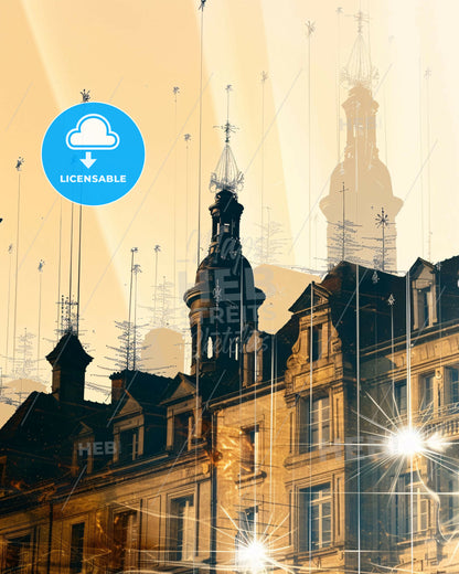 Tourcoing: Double Exposure Skyline Composite Art - A building with towers and a light