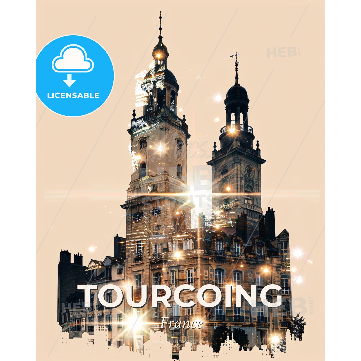 Tourcoing Skyline Double Exposure Composite Art - A building with a tower and lights - Square format print template