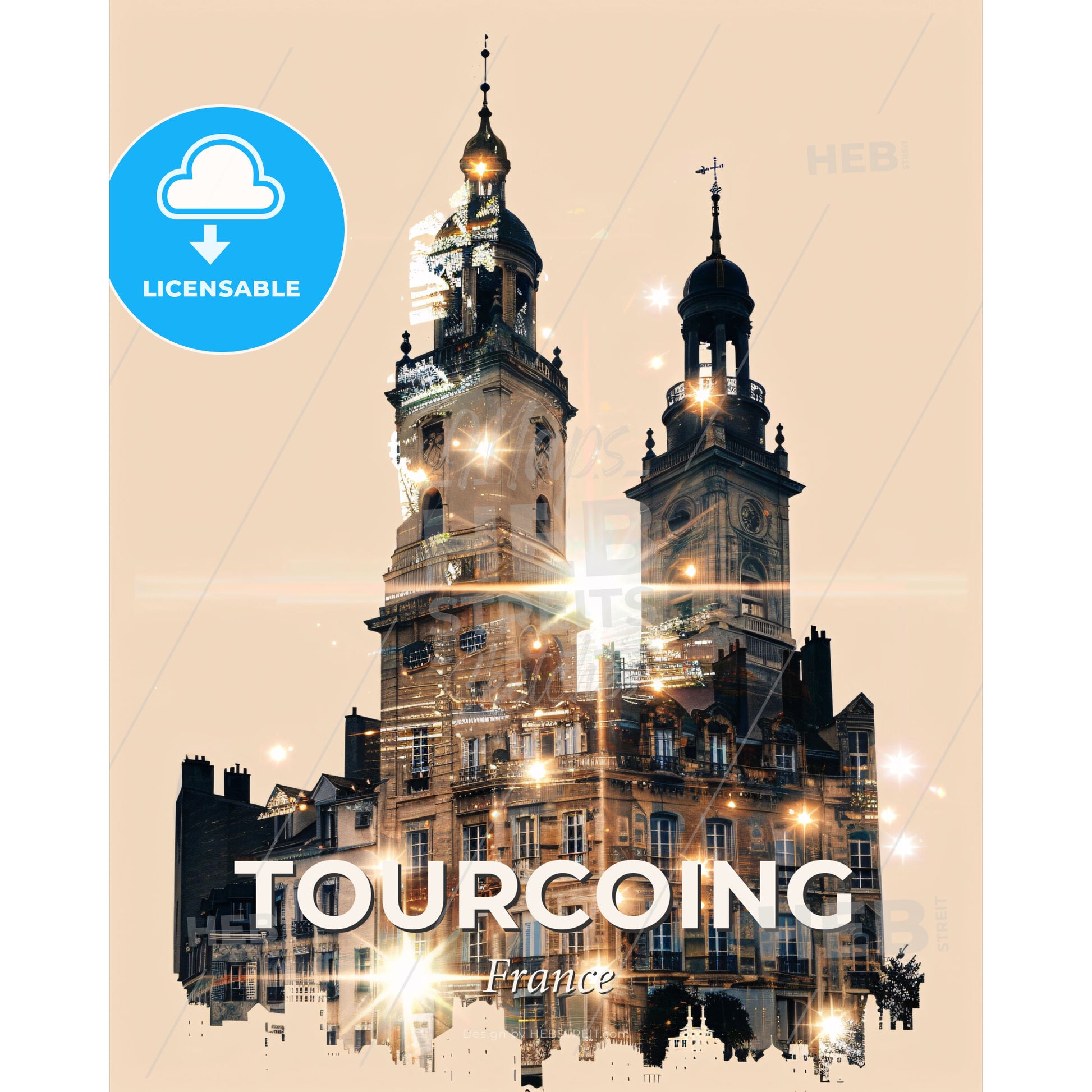 Tourcoing Skyline Double Exposure Composite Art - A building with a tower and lights - Square format print template