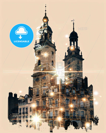 Tourcoing Skyline Double Exposure Composite Art - A building with a tower and lights