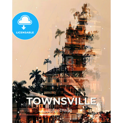 Townsville Australia Double Exposure Skyline - A building with trees and buildings in the background - Square format print template
