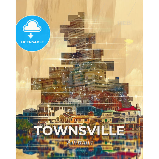 Townsville City Skyline Double Exposure Artwork - A city skyline with buildings and trees - Square format print template